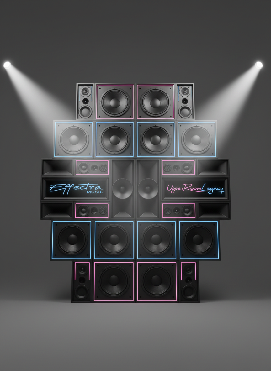 A towering stack of matte black and brushed steel studio speakers and subwoofers, arranged in a precise geometric grid against a seamless charcoal backdrop. Thin LED strips in electric blue and neon magenta trace along the speaker edges, suggesting the identity of Effectra Music and UpperRoomLegacy. Intense, directional studio lighting from both sides creates a striking rim light around each speaker cone, emphasizing depth and power. A faint haze in the air catches the light, hinting at a live-performance energy. Shot from a slightly low angle in photographic realism, with strong symmetry and sharp focus throughout, the composition feels monumental, modern, and boldly authoritative.