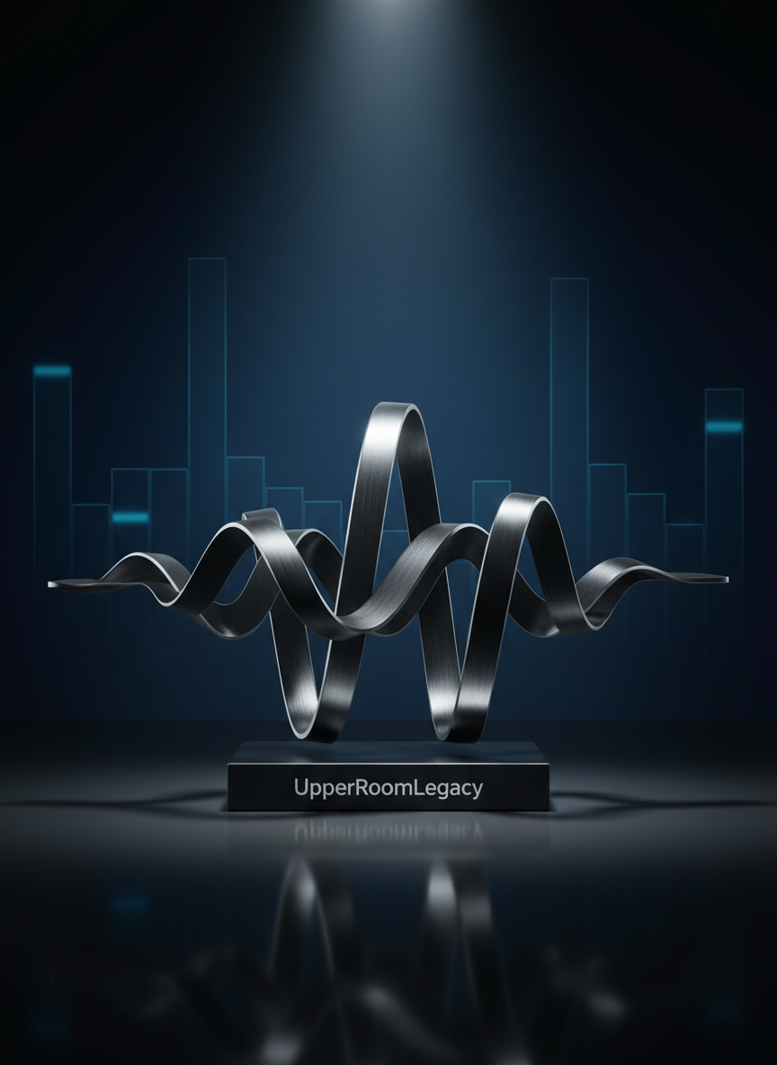 A powerful, abstract representation of sound for Effectra Music: a three-dimensional, metallic waveform sculpture in brushed black steel and polished chrome, stretching horizontally across a dark, glossy surface. Subtle engraving along the base reads “UpperRoomLegacy.” Behind it, a deep gradient wall shifts from midnight blue to near-black, intersected by faint, vertical LED lines suggesting equalizer bars. A focused overhead spotlight casts sharp reflections and elongated shadows of the waveform, amplifying its dynamic, bold character. Photographed straight-on with perfect symmetry and crystal-clear focus, the image feels modern, iconic, and high-end, evoking the energy of a music label without any literal instruments.