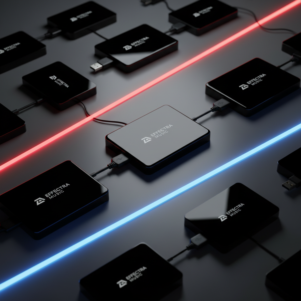 An abstract, top-down photographic composition of multiple glossy black USB drives and SSDs, each marked with minimalist white logos referencing “Effectra Music” and “UpperRoomLegacy,” arranged like a constellation on a smooth, reflective graphite surface. Thin neon-red and electric-blue light strips sweep diagonally across the frame, reflecting off the storage devices and symbolizing digital distribution and legacy archives. The lighting is low-key and cinematic, producing sharp highlights and deep shadows while maintaining a clean, futuristic feel. Captured with a medium depth of field, the central devices are crisp while the outer edges gently blur. The mood is bold, technologically advanced, and quietly intense, perfectly matching a modern music label’s digital-first identity.