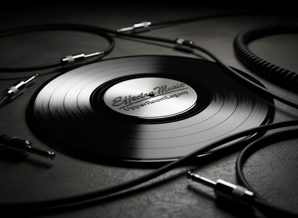 A sleek black vinyl record with a bold, metallic silver label embossed with the words “Effectra Music” and “UpperRoomLegacy,” resting slightly off-center on a matte dark concrete surface. Around it, scattered chrome audio jacks and coiled instrument cables form dynamic, angular lines. Dramatic studio lighting from the top left carves sharp highlights along the record’s grooves and cable edges, plunging the background into deep shadow. The mood is powerful and unapologetically bold. Captured at a low, close-up angle with shallow depth of field, the record label is razor sharp while the outer edges fade into soft bokeh. Photographic realism with a high-contrast, modern aesthetic suited for a music label homepage hero image.