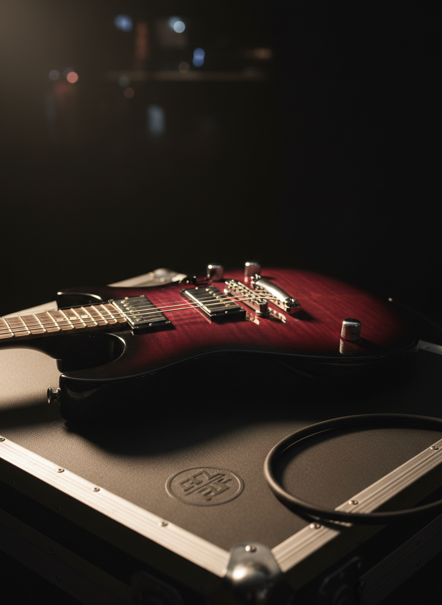 A close-up of a glossy black and crimson electric guitar body resting on a rugged, industrial metal flight case embossed with a subtle Effectra Music and UpperRoomLegacy emblem. The guitar’s strings, pickups, and knobs catch a sharp, directional beam of warm spotlight, while the background fades into deep, velvety darkness. A coiled cable snakes out of frame, adding dynamic curves against the hard edges of the flight case. Shot at a dramatic low angle with shallow depth of field, the gleaming guitar finish is in precise focus, while hardware softens into bokeh. Photographic realism with high contrast and rich color saturation creates a bold, performance-driven atmosphere ideal for a rock-leaning label image.