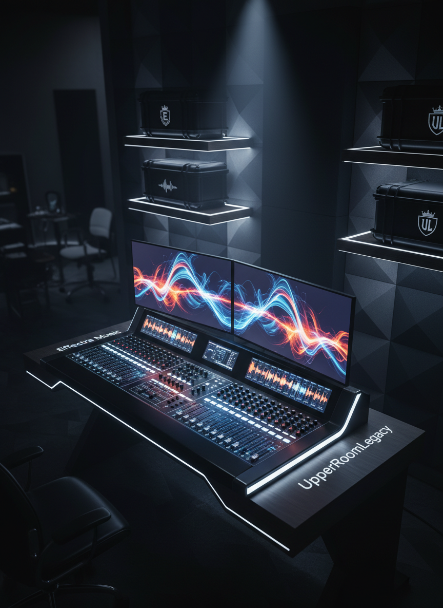 An ultra-modern music production desk in a dark studio, featuring a large, glossy black mixing console with glowing faders, meters, and waveform displays labeled subtly with “Effectra Music” and “UpperRoomLegacy.” Dual widescreen monitors showcase abstract, vibrant audio waveforms in electric blues and fiery oranges. The desk sits against a wall of acoustic panels and LED-backlit shelves holding sleek, logo-branded hard cases. Deep, moody lighting with a focused pool of cool white light over the console contrasts against a dark, blurred background. Captured from an elevated three-quarter angle in crisp photographic realism, the composition uses leading lines from the faders to pull the eye inward, conveying precision, innovation, and bold creative control.
